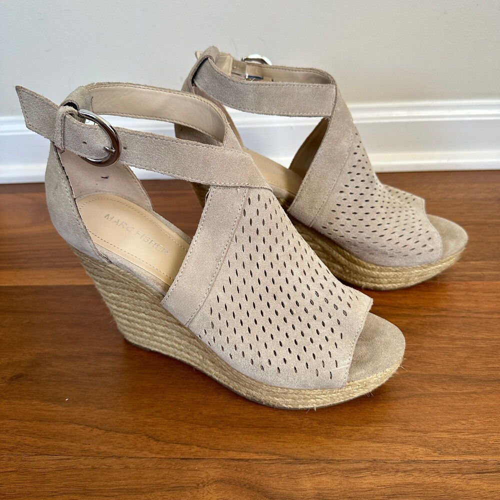 Marc Fisher HALDYA Suede Laser Wedge Platform Espadrille Sandals Size 9.5M Tan - Picture 3 of 15